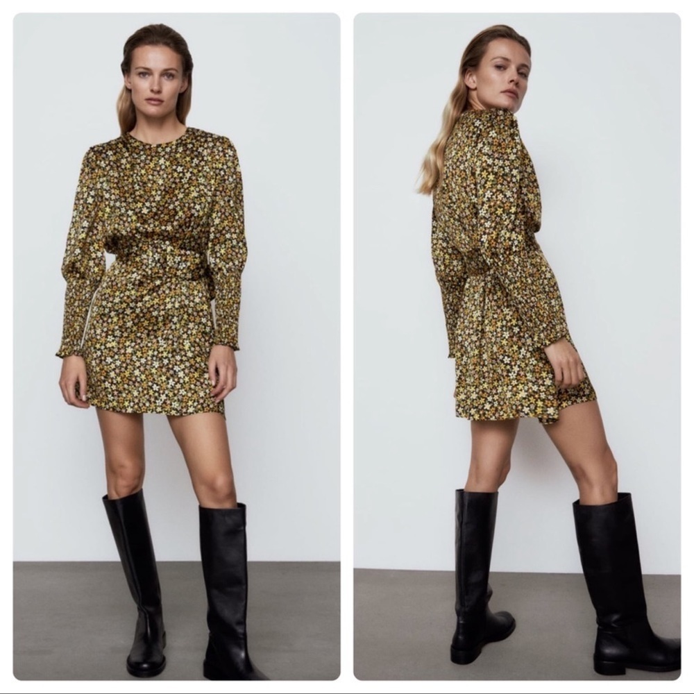 Zara Yellow/Black Ditsy Floral Print Long Sleeve Belted Minidress XS